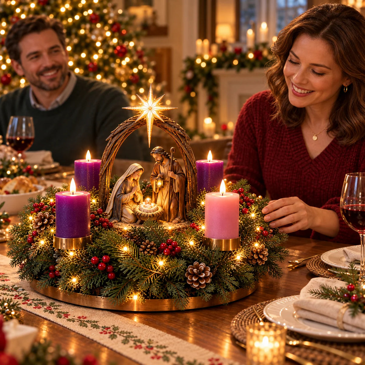 ✝️ Lighted Nativity Advent Wreath – 4-Week Christmas Candlelight Tradition 🕯️
