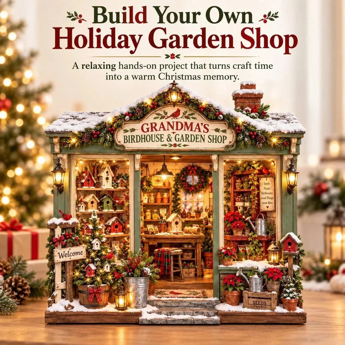 🌺🎄 Grandma's Christmas Birdhouse & Garden Shop – DIY Light-Up Miniature House Kit