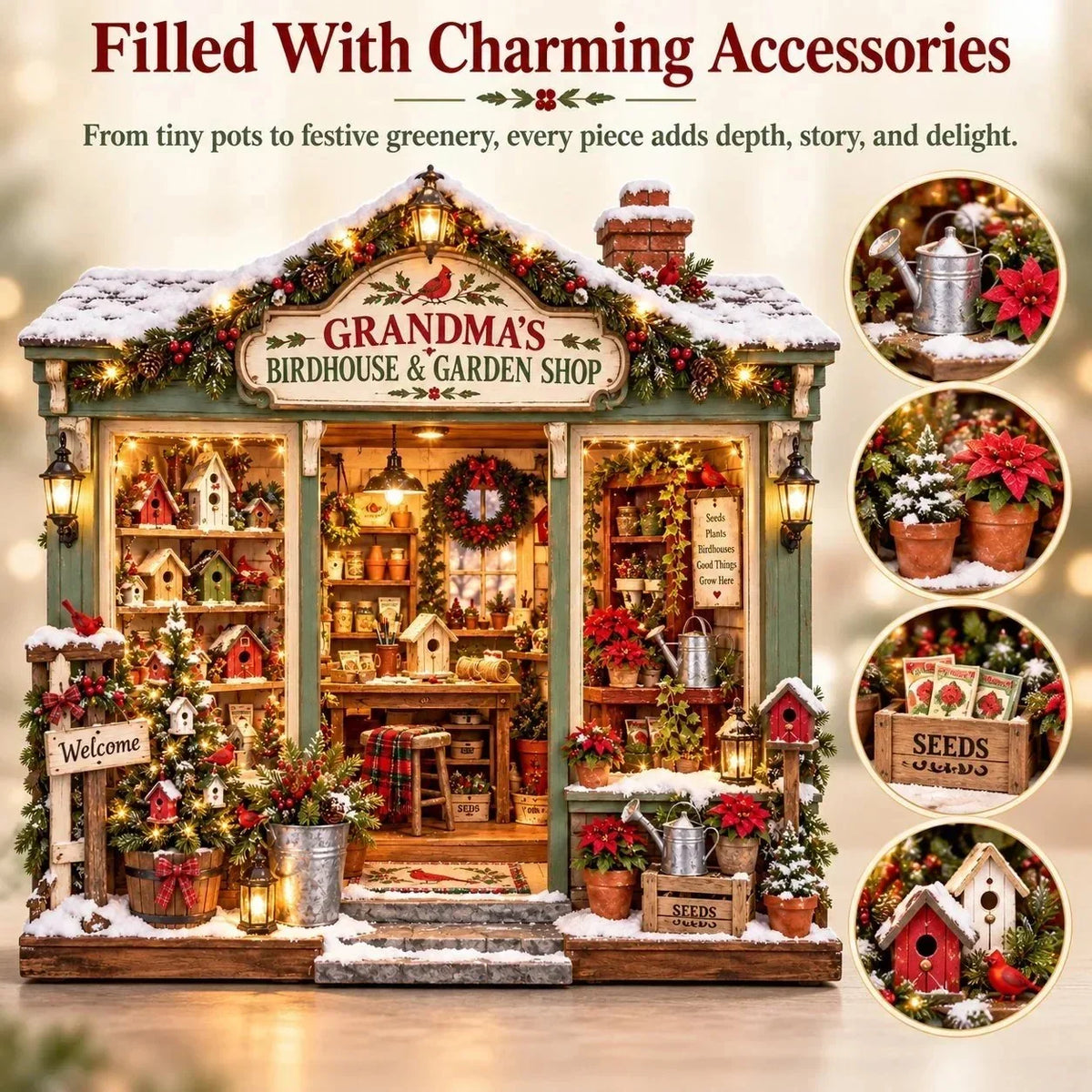 🌺🎄 Grandma's Christmas Birdhouse & Garden Shop – DIY Light-Up Miniature House Kit
