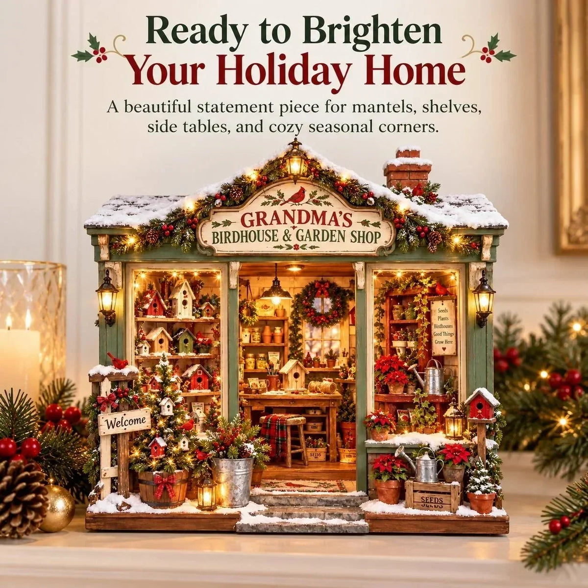 🌺🎄 Grandma's Christmas Birdhouse & Garden Shop – DIY Light-Up Miniature House Kit