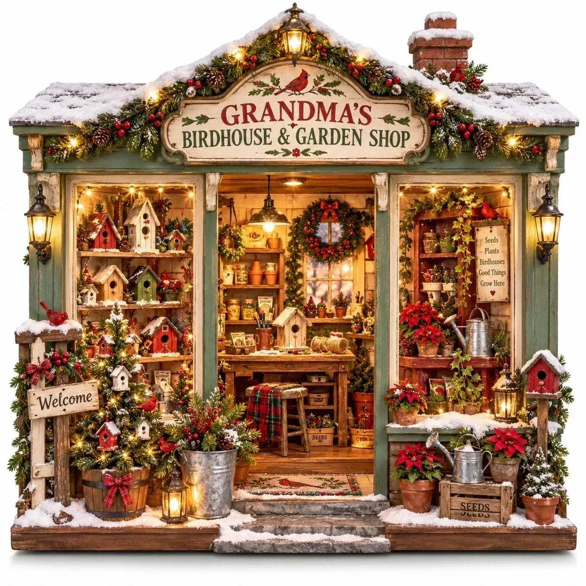 🌺🎄 Grandma's Christmas Birdhouse & Garden Shop – DIY Light-Up Miniature House Kit