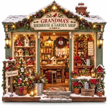🌺🎄 Grandma's Christmas Birdhouse & Garden Shop – DIY Light-Up Miniature House Kit