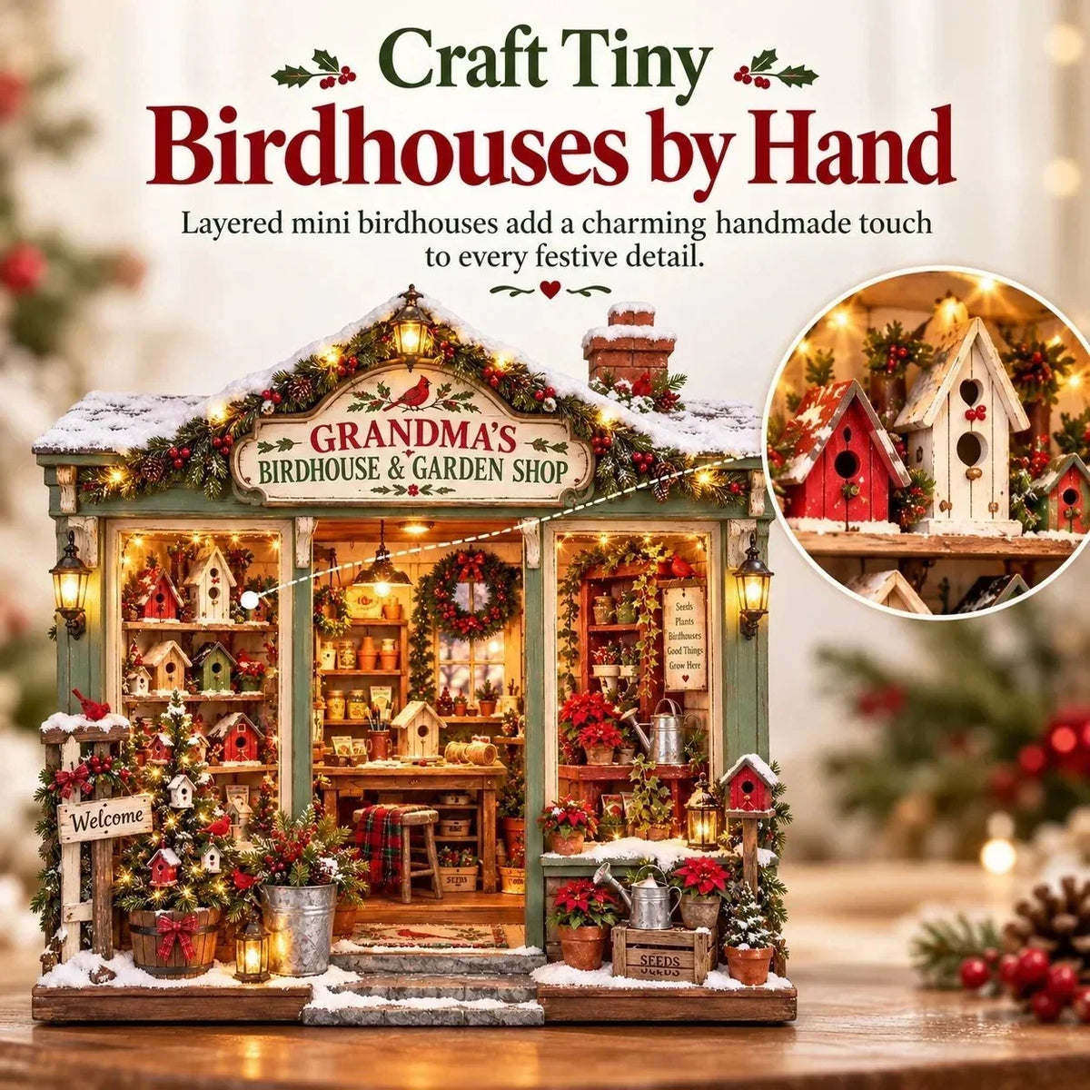 🌺🎄 Grandma's Christmas Birdhouse & Garden Shop – DIY Light-Up Miniature House Kit
