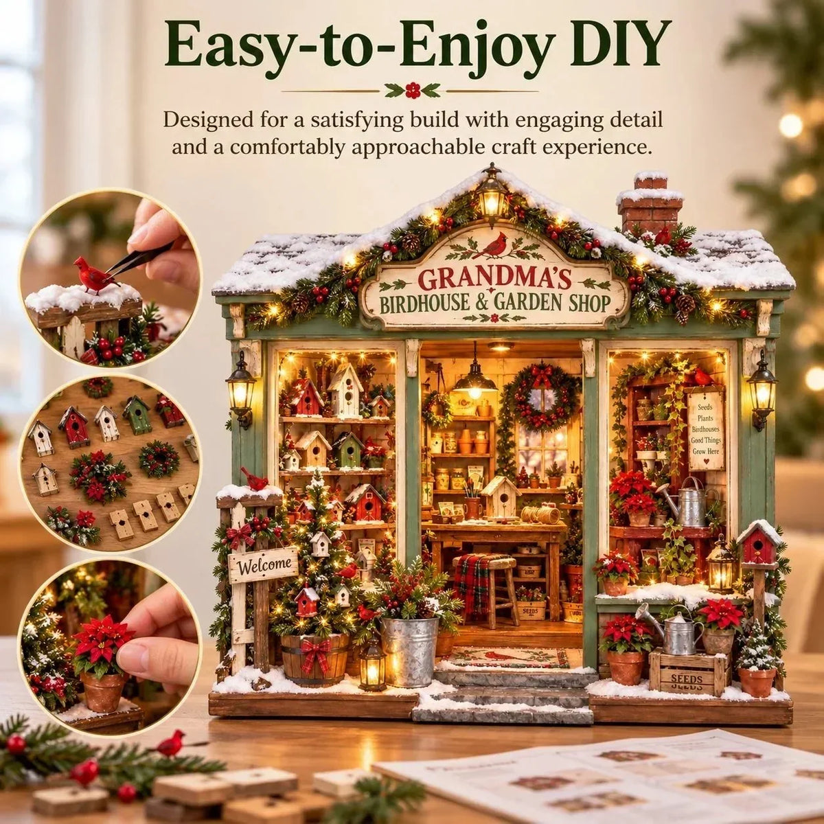 🌺🎄 Grandma's Christmas Birdhouse & Garden Shop – DIY Light-Up Miniature House Kit