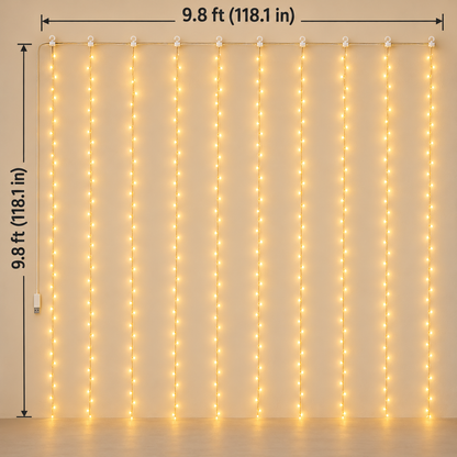 300 LED Curtain Lights – 9.8FT × 9.8FT, 8 Modes, Remote Controlled