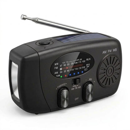 🔋 Multifunctional Solar Emergency Radio – Hand Crank, Power Bank & Weather Alerts