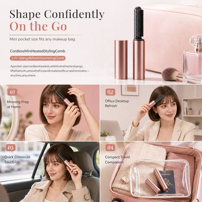 Cordless Mini Heated Hair Straightener Brush Portable Rechargeable Hair Styling Comb for Bangs and Volumizing