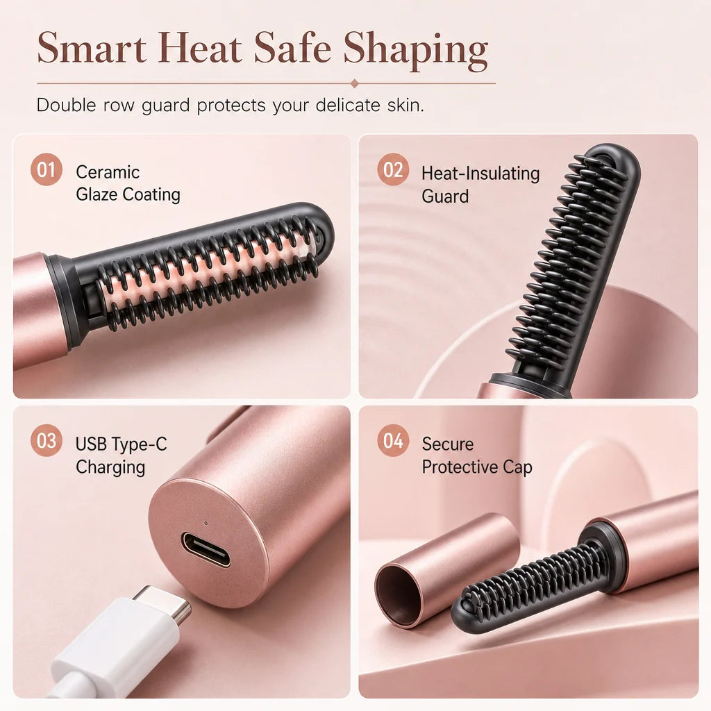 Cordless Mini Heated Hair Straightener Brush Portable Rechargeable Hair Styling Comb for Bangs and Volumizing