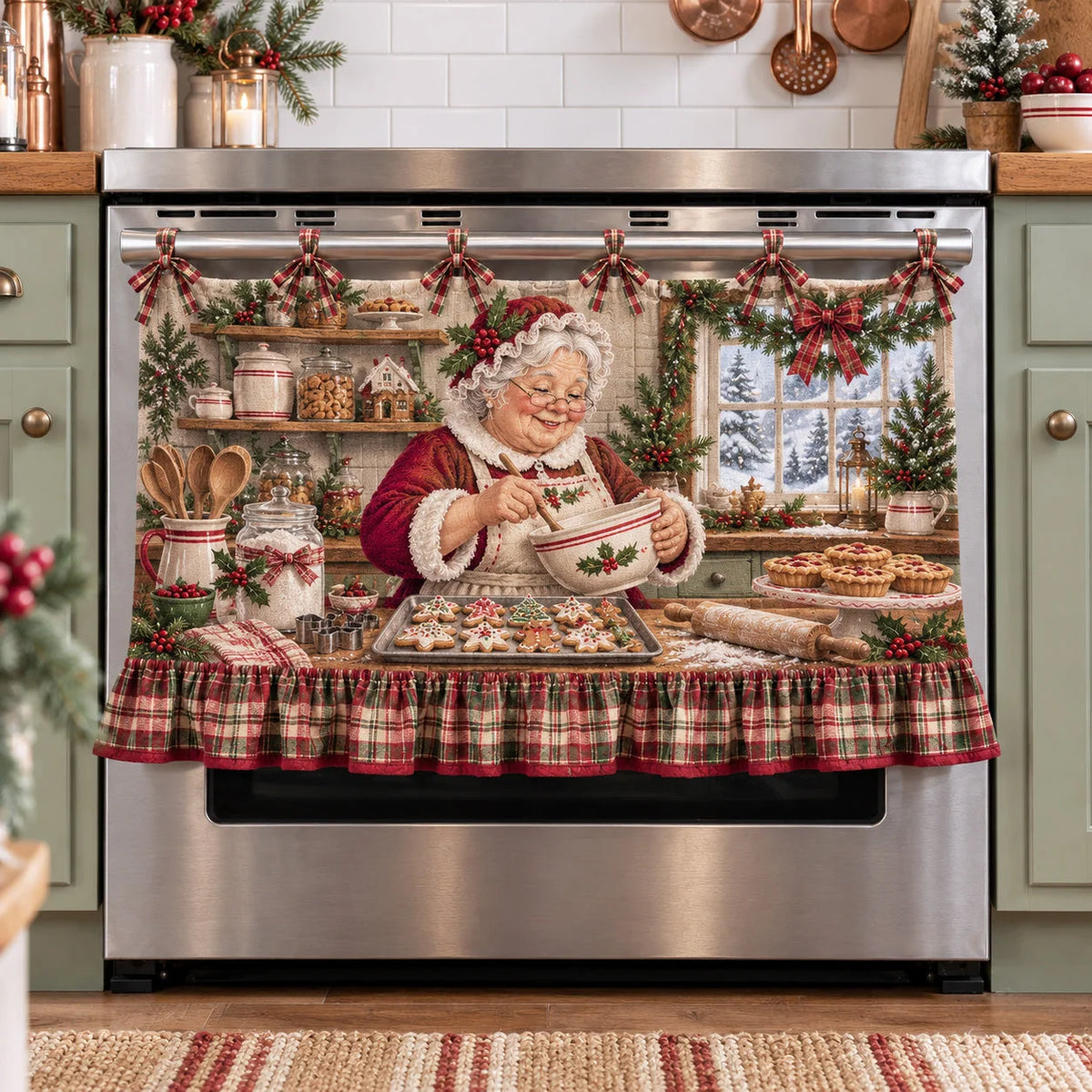 🎅🍪 Santa’s Christmas Bakery Oven Curtain – Cozy Plaid Holiday Kitchen Decor