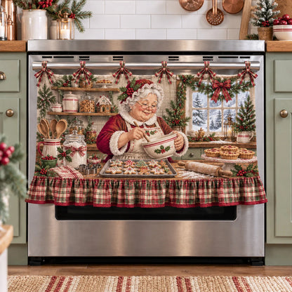 🎅🍪 Santa’s Christmas Bakery Oven Curtain – Cozy Plaid Holiday Kitchen Decor