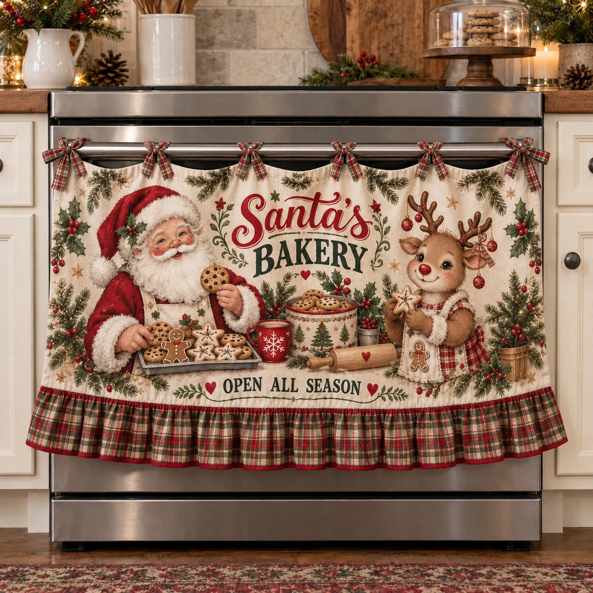 🎅🍪 Santa’s Christmas Bakery Oven Curtain – Cozy Plaid Holiday Kitchen Decor
