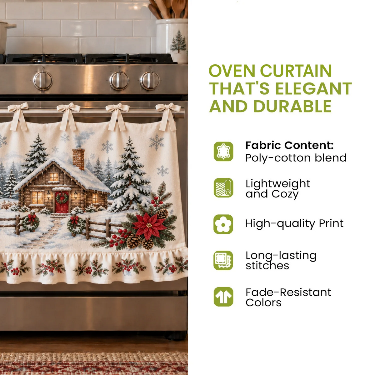 🎅🍪 Santa’s Christmas Bakery Oven Curtain – Cozy Plaid Holiday Kitchen Decor