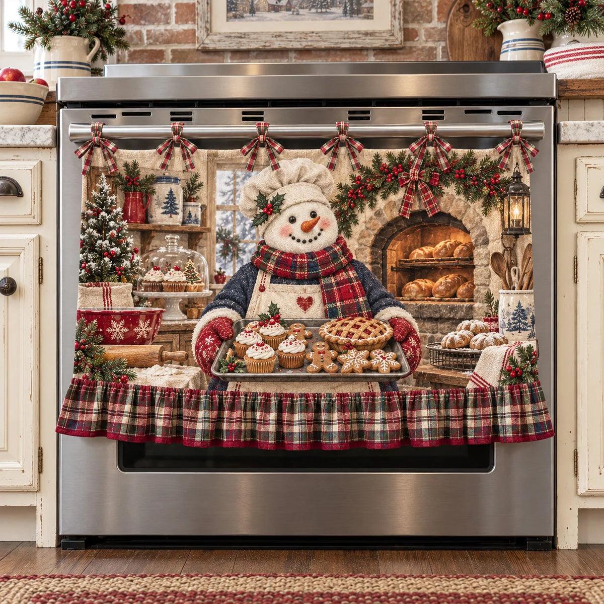 🎅🍪 Santa’s Christmas Bakery Oven Curtain – Cozy Plaid Holiday Kitchen Decor