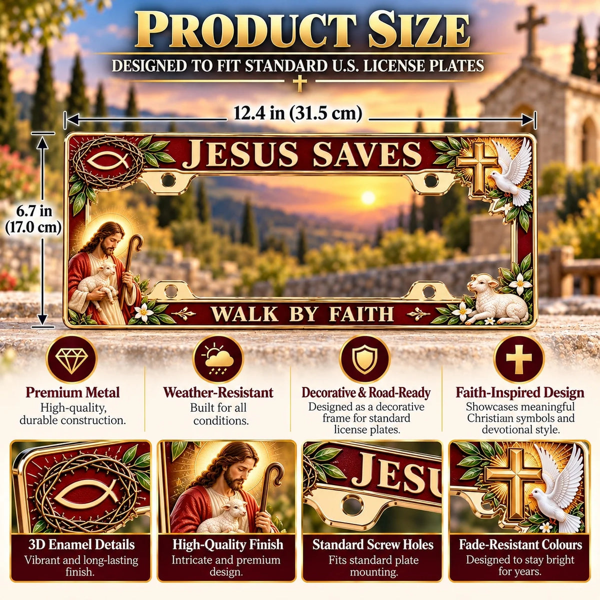 🐑🕊️ “Jesus Saves – Walk by Faith” Jesus Commemorative Metal License Plate Frame