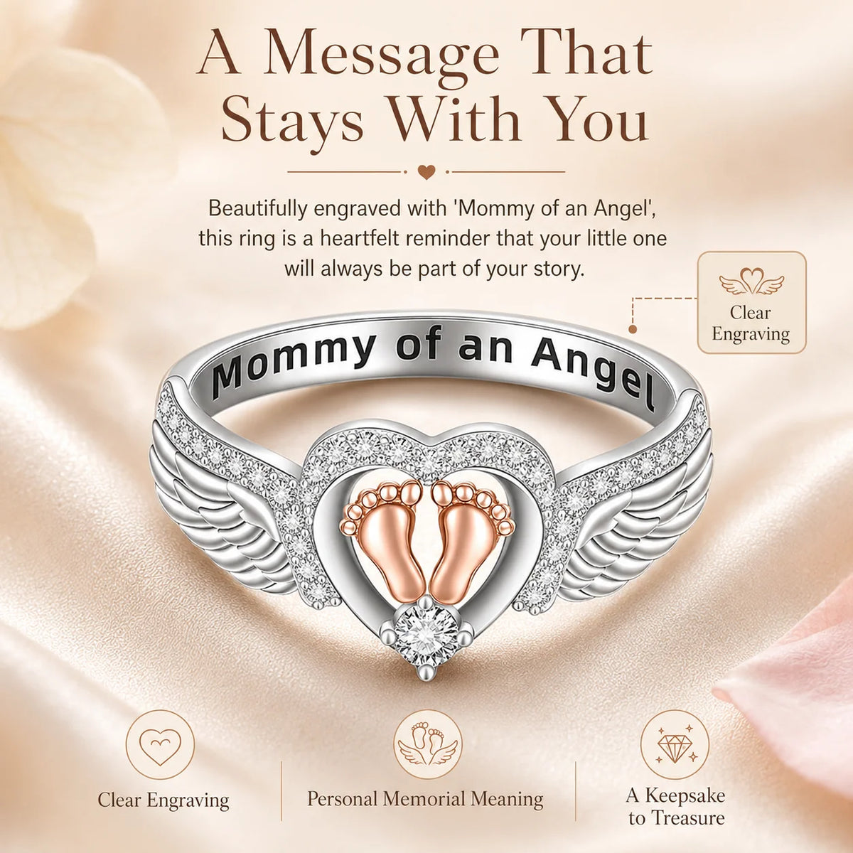 Mommy of an Angel Ring – Angel Wings & Baby Footprints Memorial Keepsake