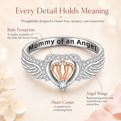Mommy of an Angel Ring – Angel Wings & Baby Footprints Memorial Keepsake