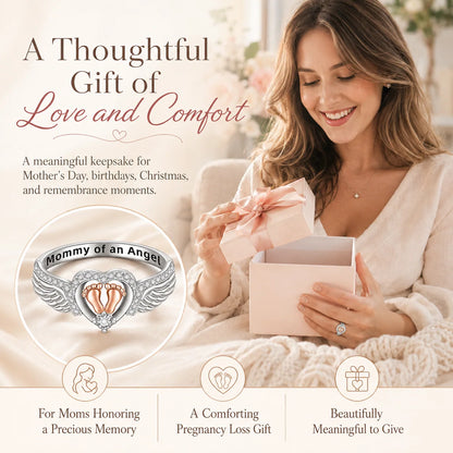 Mommy of an Angel Ring – Angel Wings & Baby Footprints Memorial Keepsake