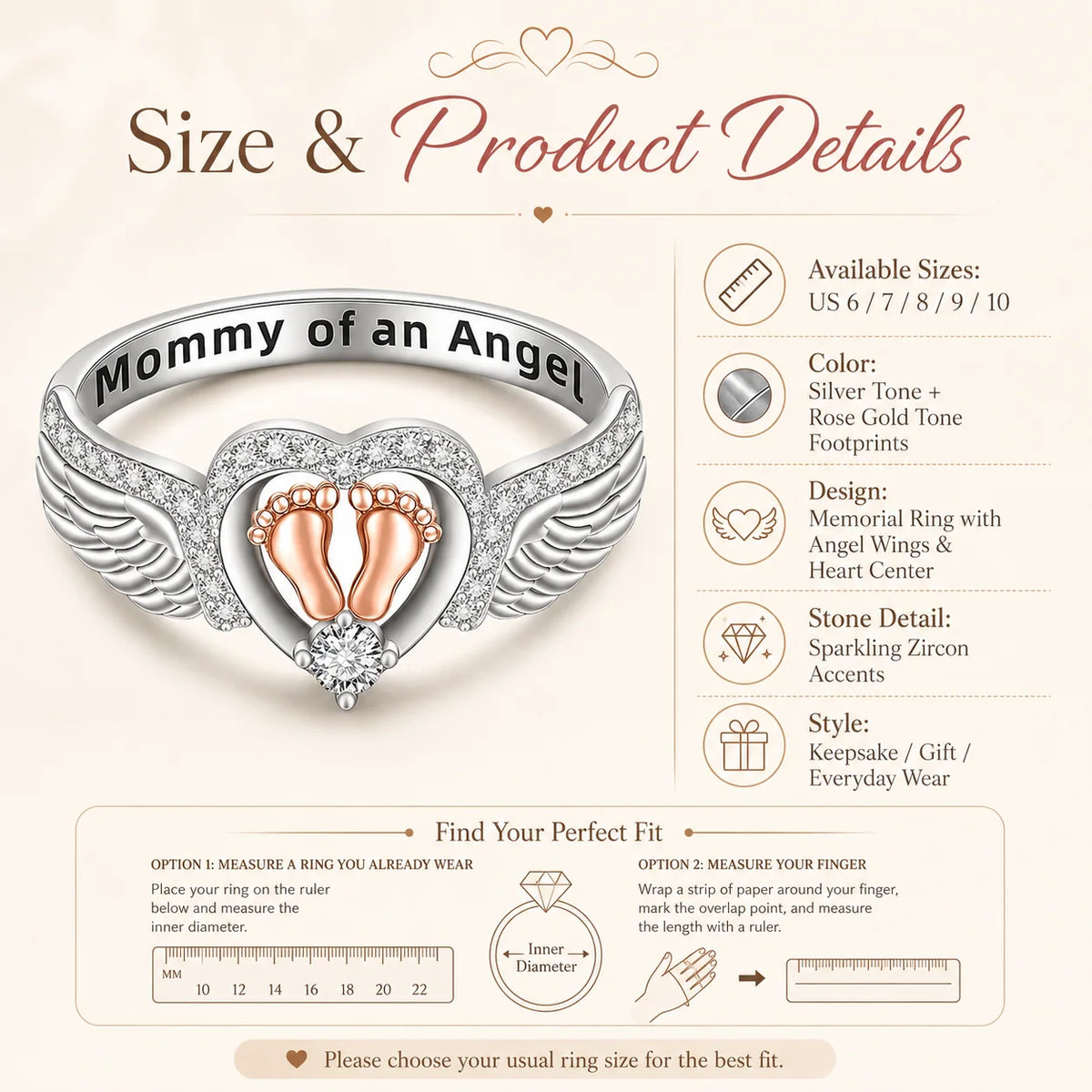 Mommy of an Angel Ring – Angel Wings & Baby Footprints Memorial Keepsake