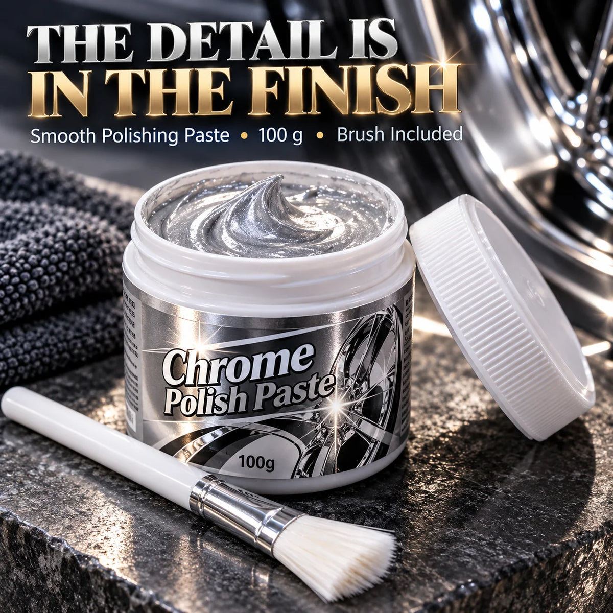✨ Chrome Polish Paste – 100g Metal & Chrome Polishing Paste with Application Brush for a Brilliant Mirror-Like Finish