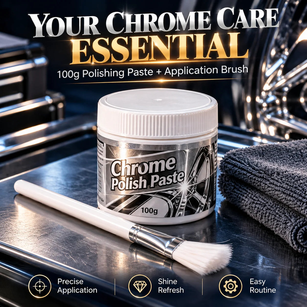 ✨ Chrome Polish Paste – 100g Metal & Chrome Polishing Paste with Application Brush for a Brilliant Mirror-Like Finish