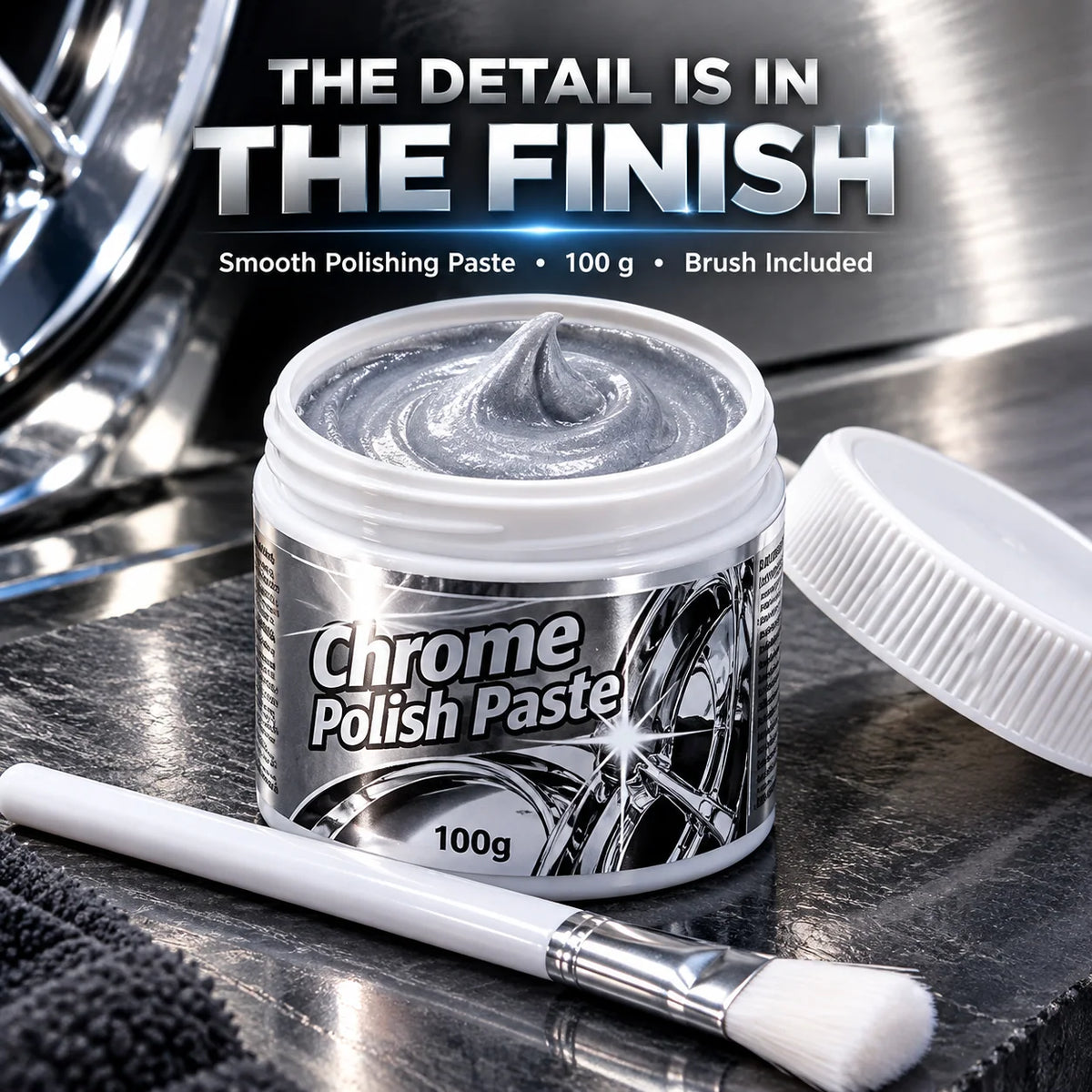 ✨ Chrome Polish Paste – 100g Metal & Chrome Polishing Paste with Application Brush for a Brilliant Mirror-Like Finish