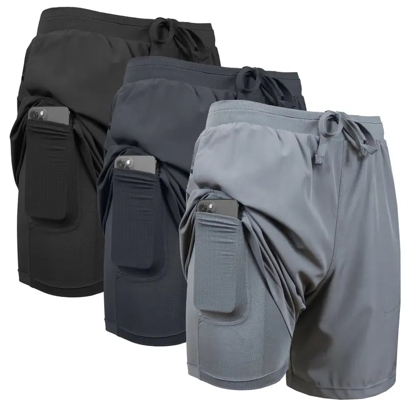 Paquete de 3 shorts deportivos para hombre 2 en 1 de secado rápido, elásticos, con forro interior
