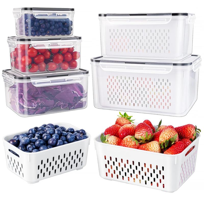 🔥Caja de almacenamiento de alimentos de plástico transparente para el hogar-Incluye cesta de drenaje💧