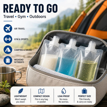 12 Counts Reusable Plastic Pouches — Versatile Liquid Carriers for Travel, Picnics & Outings
