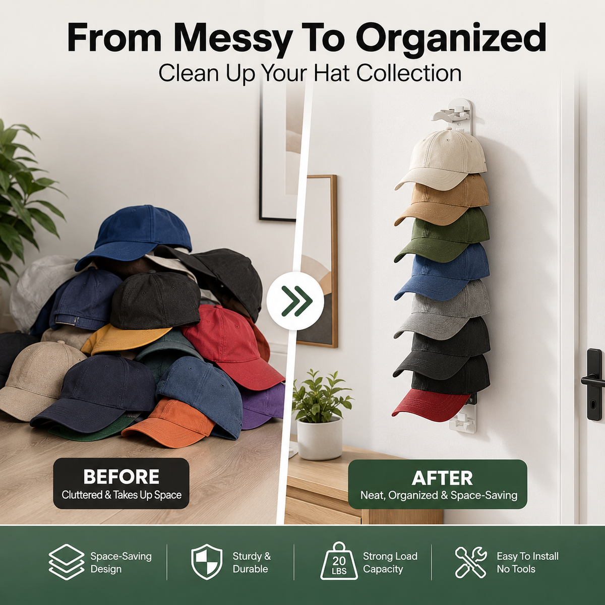 Hat Organizer for Wall 🧢 Holds 10 Hats per Rack