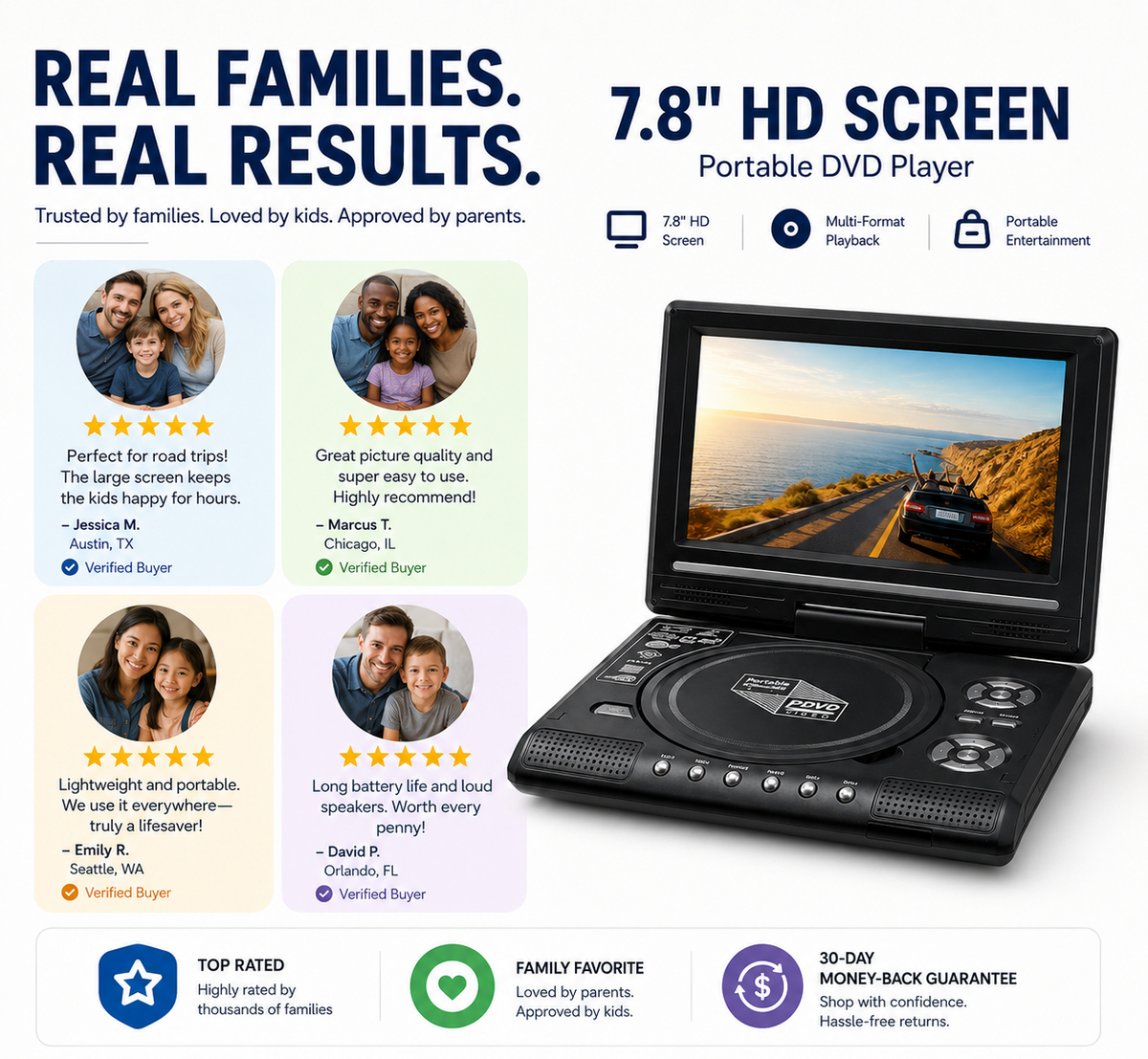 🎁Best Gift for Your Family🎉—📺 7.8' HD Portable DVD/EVD Player – Large Screen, Rechargeable & Compatible with DVD/CD/USB/SD
