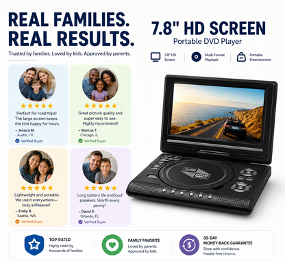 🎁Best Gift for Your Family🎉—📺 7.8' HD Portable DVD/EVD Player – Large Screen, Rechargeable & Compatible with DVD/CD/USB/SD
