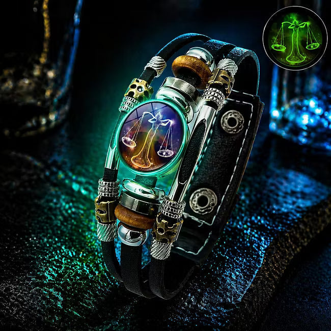 💥Limited-time 50% off ☪️Glow-in-the-dark leather zodiac sign bracelet for men and women (6.9/8.1 inches)♑️
