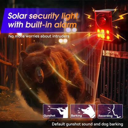 Solar Outdoor Motion Sensor Alarm - Dog Barking & Gunshot Sound, Support Recording and Volume Adjustment, 130dB Noise with Flashing Light to Deter Raccoon, Deer, Skunk, Bear, Coyote