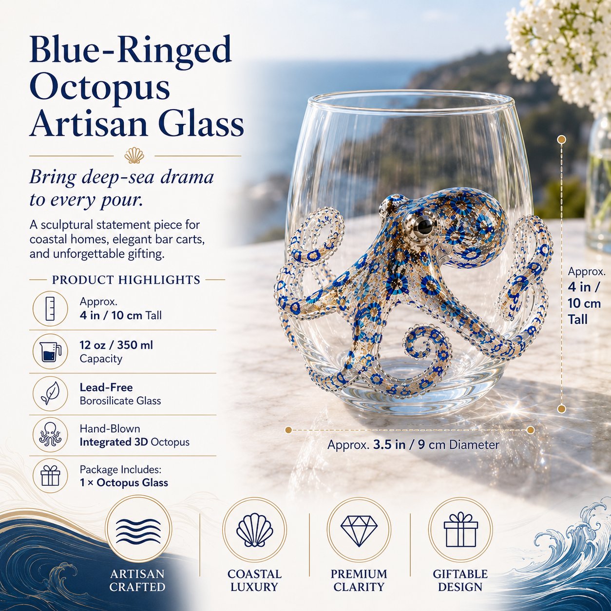 🔥OFERTA ESPECIAL🔥🌊Cristalería artesanal de pulpo de anillos azules