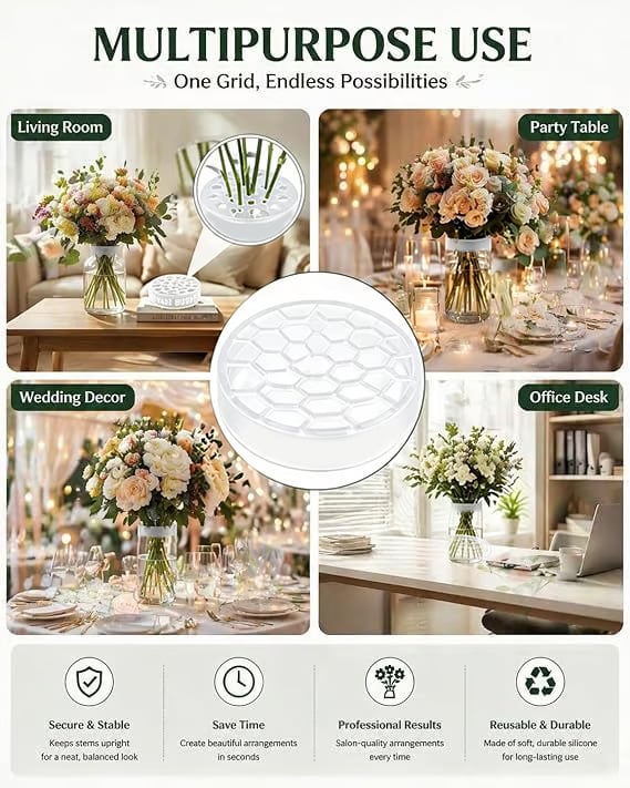 🌸🔥Reusable Silicone Flower Arranging Grid, Stretches Over The Rim of Vase, Self-Grips to Glass, for Easy Flower Arranging.