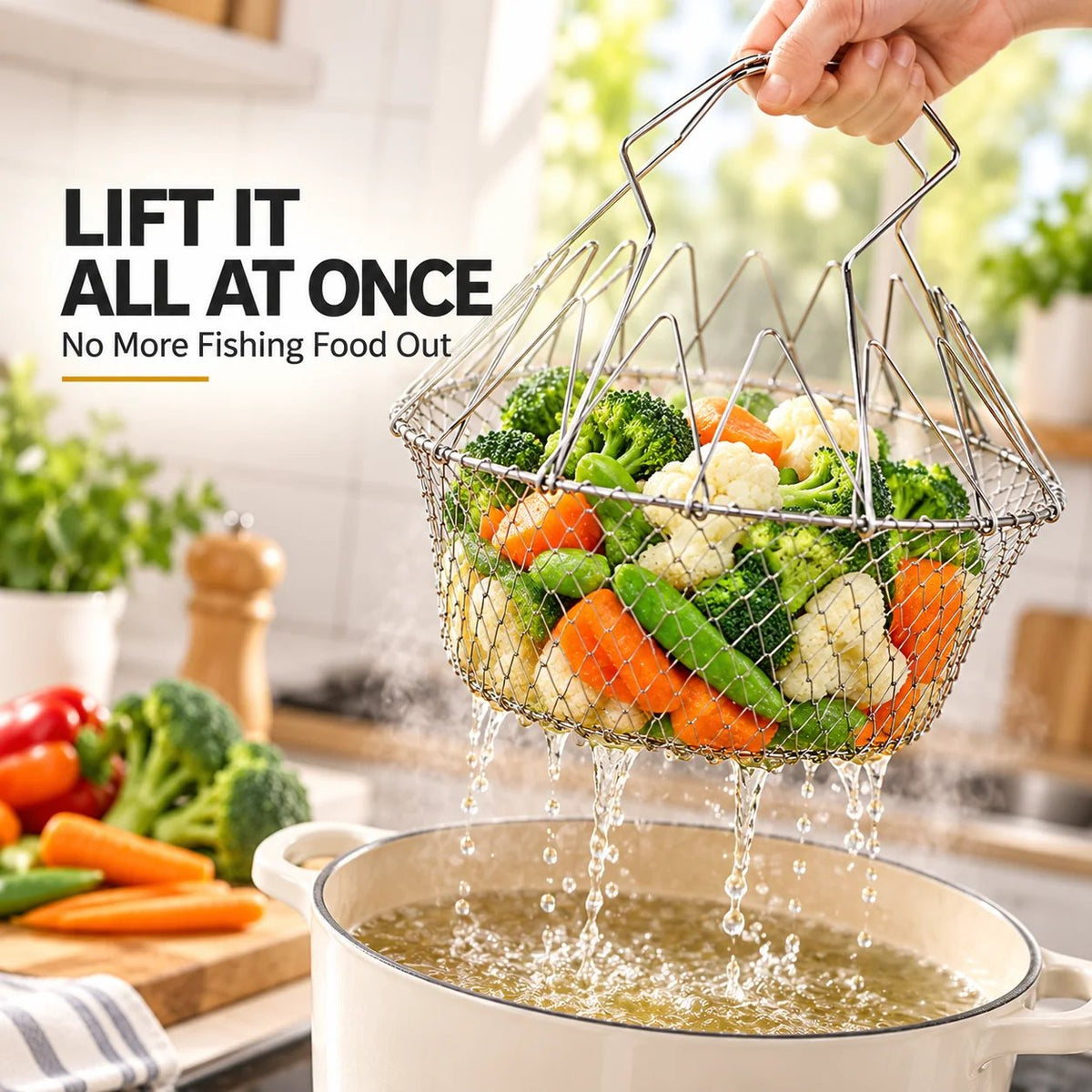 🔥Hot Sale 50% OFF – Foldable Stainless Steel Frying Basket & Colander ✨