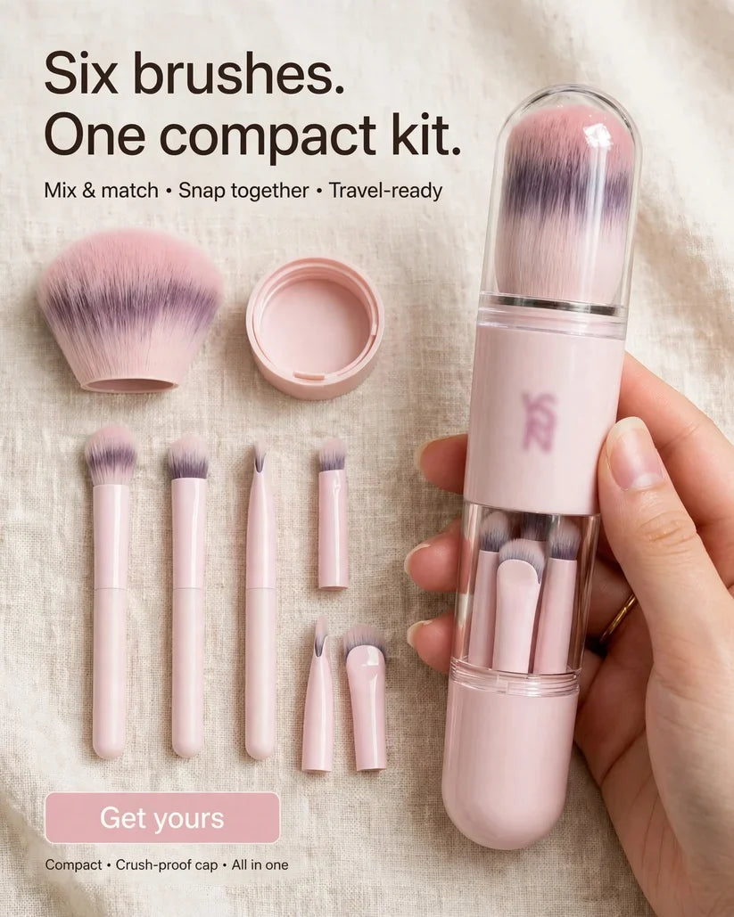Portable Retractable Makeup Brush Set Multifunctional Travel Cosmetic Tool with Powder Blush and Silicone Lip Brush