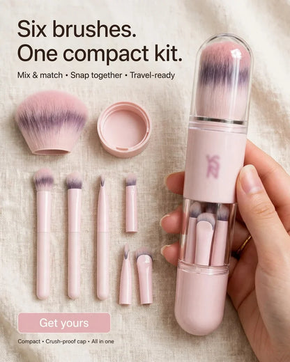 Portable Retractable Makeup Brush Set Multifunctional Travel Cosmetic Tool with Powder Blush and Silicone Lip Brush