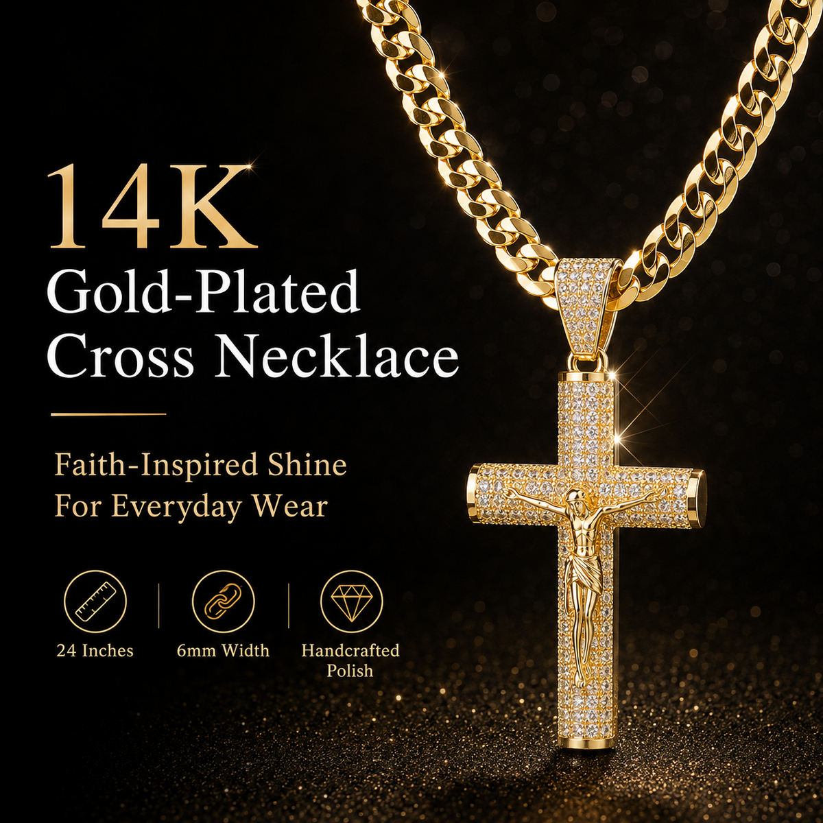 ✨ Gold-Plated Cuban Figaro Cross Necklace – 24' Miami Crucifix, Handcrafted Polished, Perfect Father's Day Gift