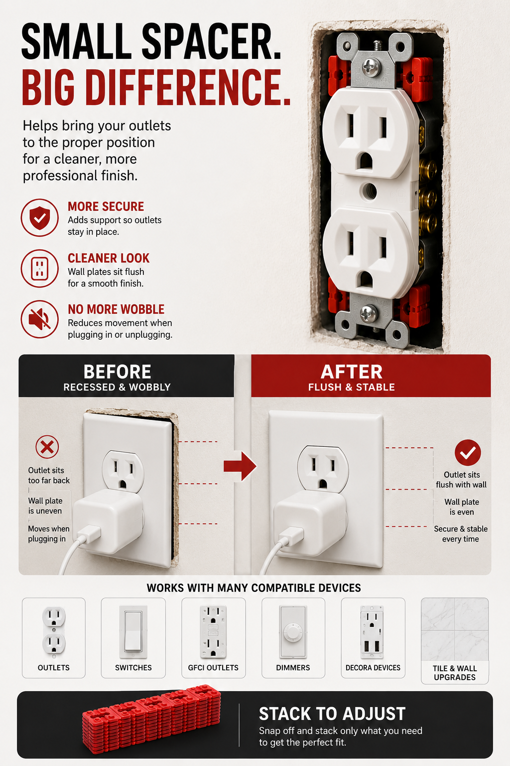 🔌 Snap-Apart Outlet Spacers – Fix Loose & Recessed Wall Outlets