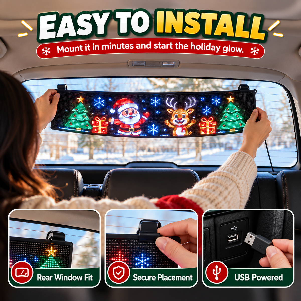 🎄 Animated Christmas LED Rear Window Panel – App Controlled Car Display