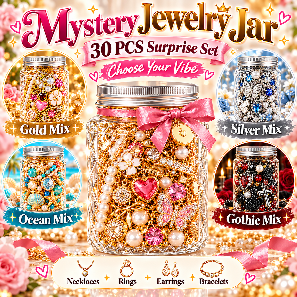 30-Piece Mystery Jewelry Jar – Surprise Rings, Earrings, Necklaces & Bracelets