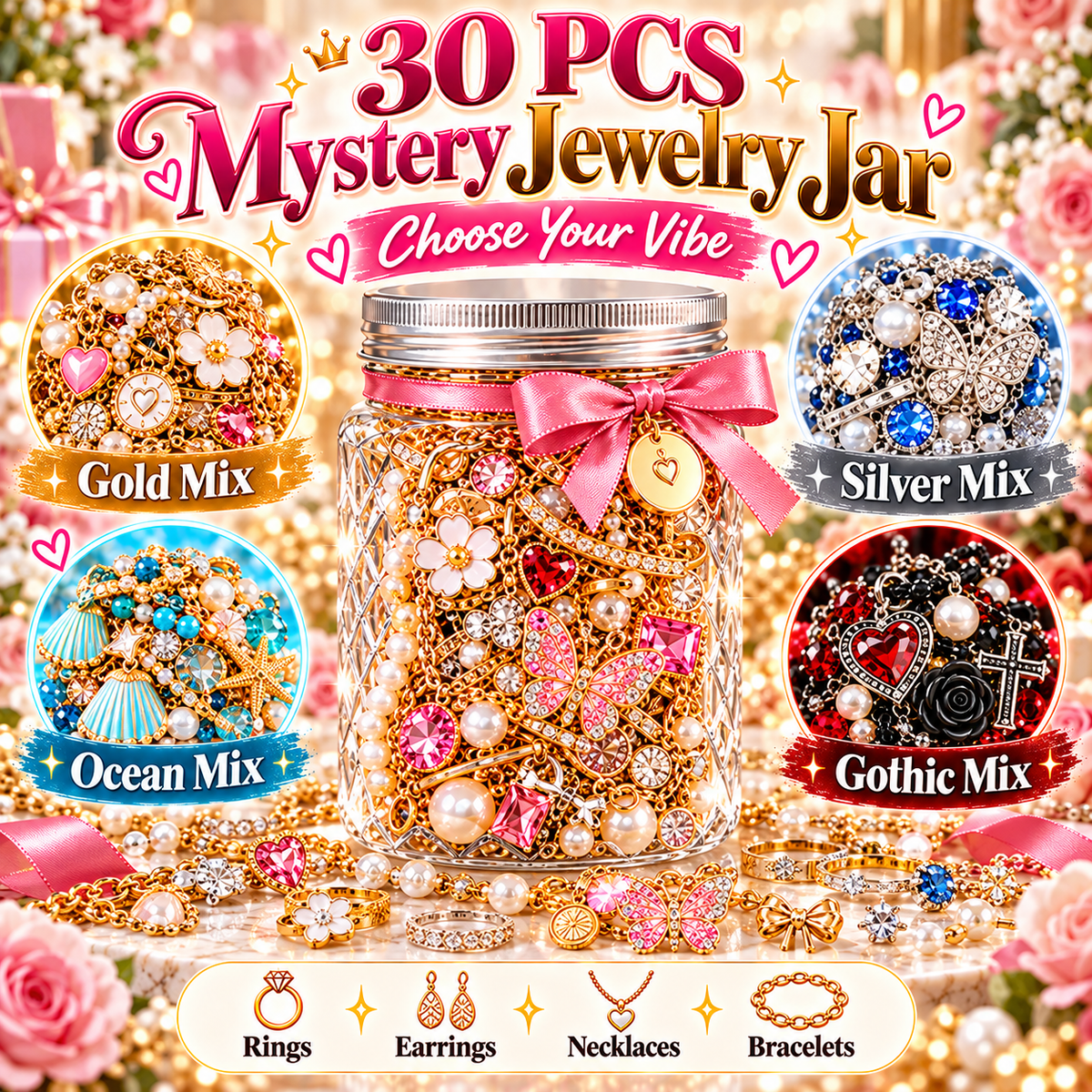 30-Piece Mystery Jewelry Jar – Surprise Rings, Earrings, Necklaces & Bracelets