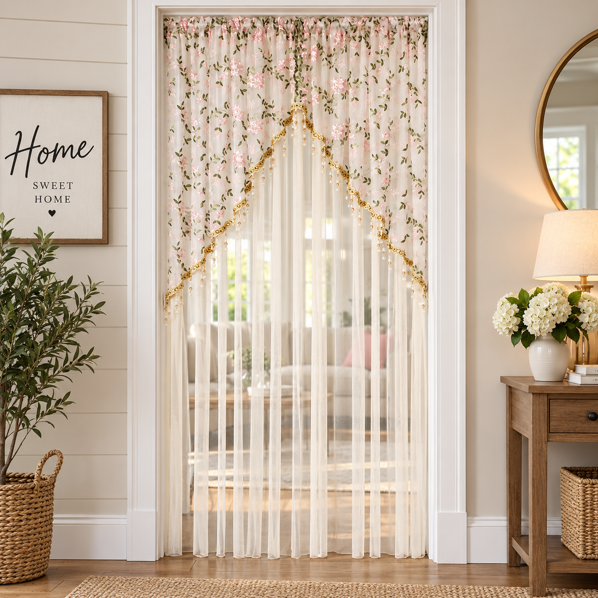 Elegant Lace Sheer Floral Doorway Curtain with Tassel Trim - Privacy Room Divider for Bedroom, Closet, Kitchen & Apartment