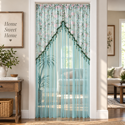 Elegant Lace Sheer Floral Doorway Curtain with Tassel Trim - Privacy Room Divider for Bedroom, Closet, Kitchen & Apartment
