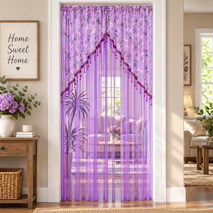 Elegant Lace Sheer Floral Doorway Curtain with Tassel Trim - Privacy Room Divider for Bedroom, Closet, Kitchen & Apartment