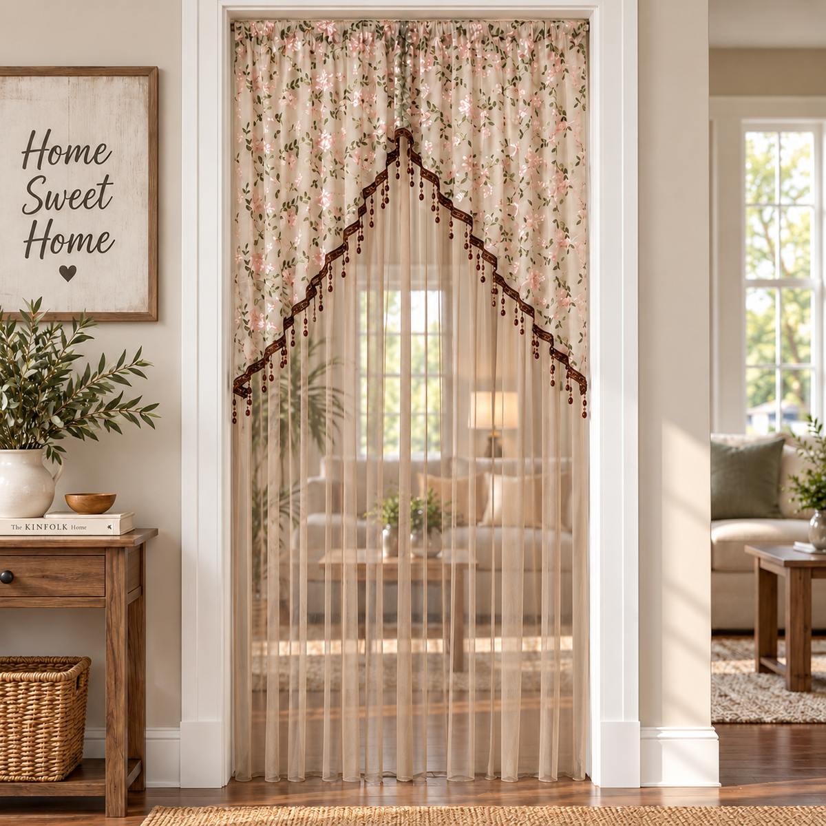 Elegant Lace Sheer Floral Doorway Curtain with Tassel Trim - Privacy Room Divider for Bedroom, Closet, Kitchen & Apartment