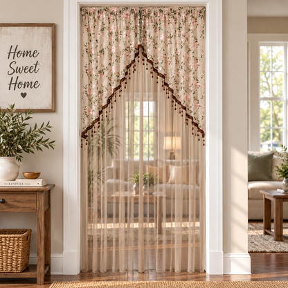 Elegant Lace Sheer Floral Doorway Curtain with Tassel Trim - Privacy Room Divider for Bedroom, Closet, Kitchen & Apartment