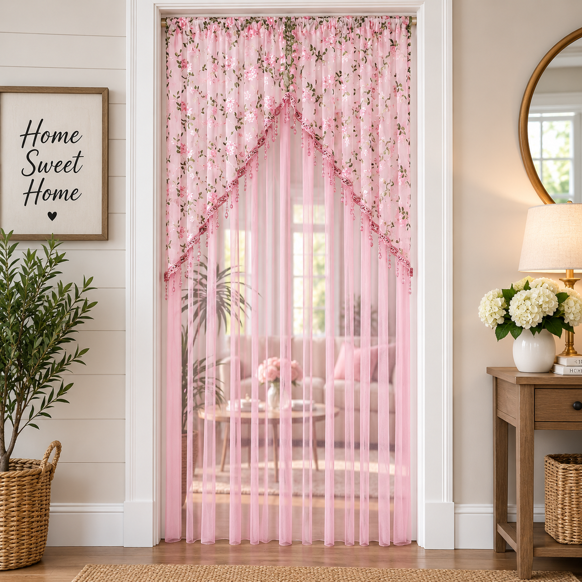 Elegant Lace Sheer Floral Doorway Curtain with Tassel Trim - Privacy Room Divider for Bedroom, Closet, Kitchen & Apartment