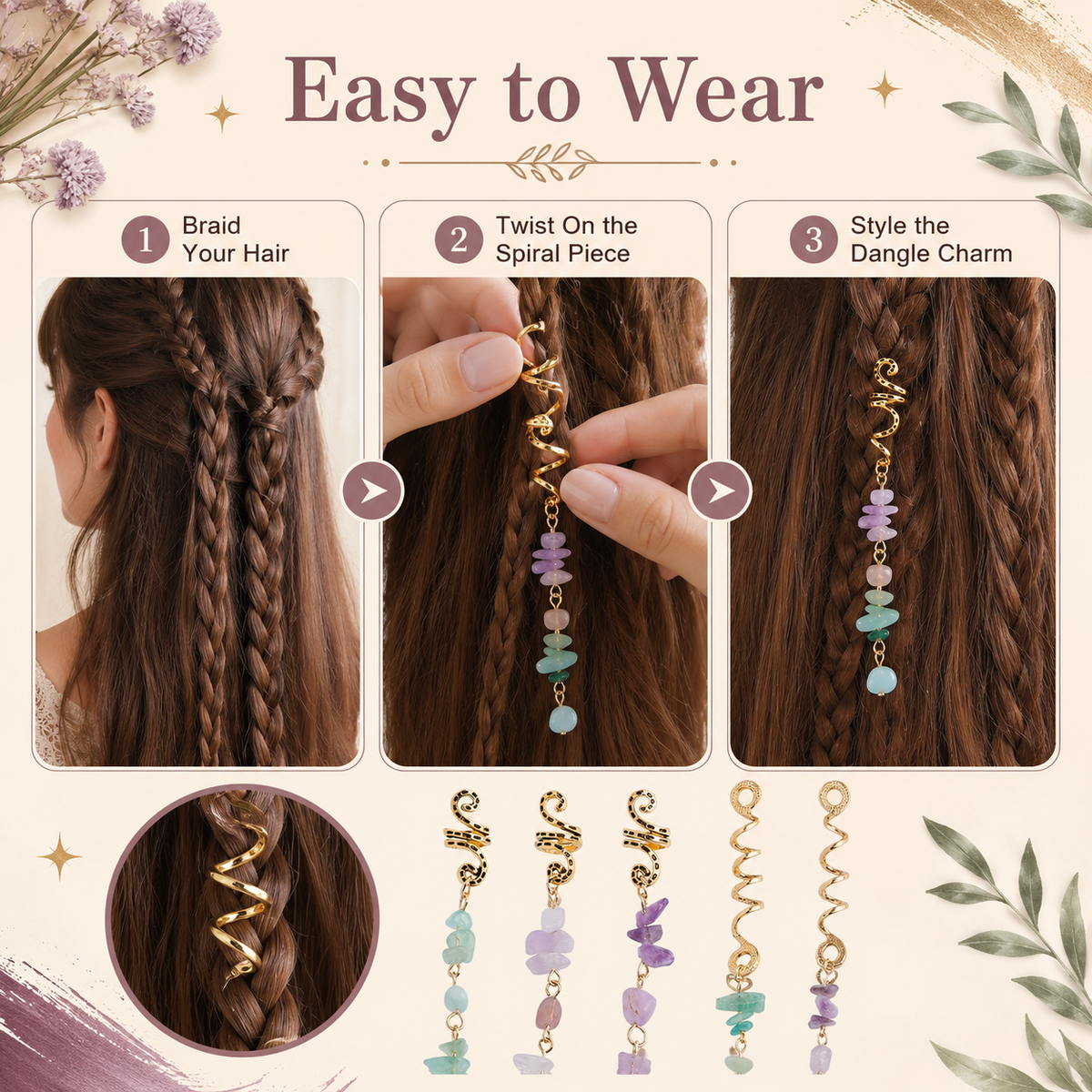 🔥 Hot Sale | Colored Natural Stone Pendant Hair Jewelry for Braids